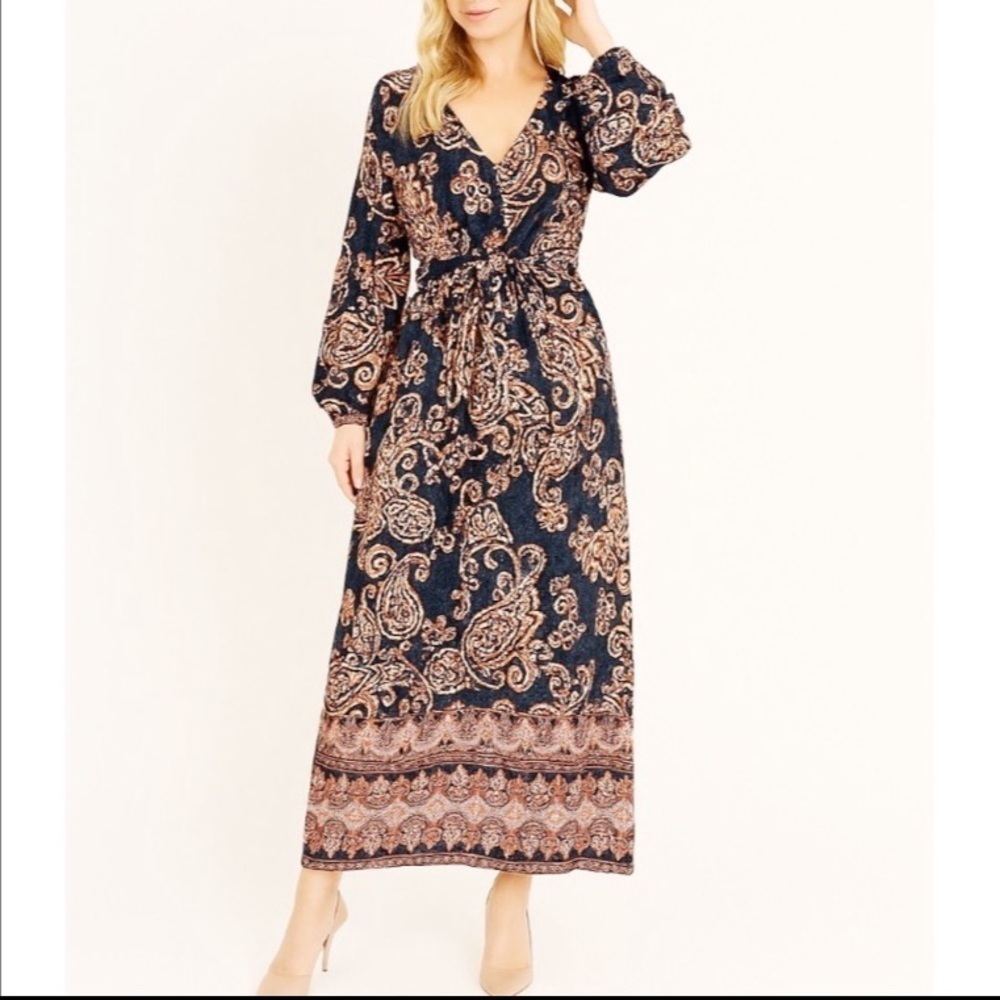 Panache Blue And Orange Paisley Wrap Midi Dress size small Boho Hippie Blue